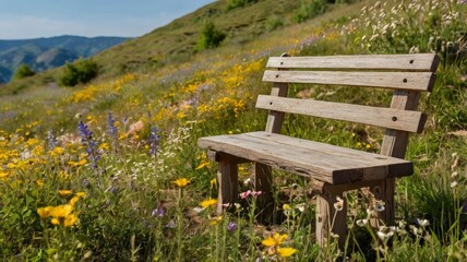 Fototapeta premium Wooden bench in a mountain meadow with wildflowers on a sunny day