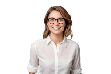 Portrait of a beautiful, smiling businesswoman wearing glasses with happy face