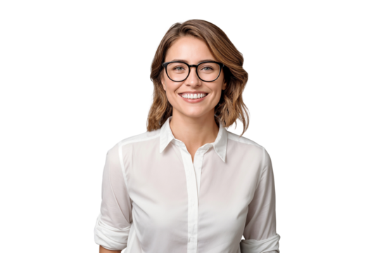 Portrait of a beautiful, smiling businesswoman wearing glasses with happy face