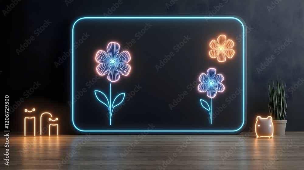 Poster glowing neon flowers with soft light effects creating a modern elegant and sleek impression on a dar