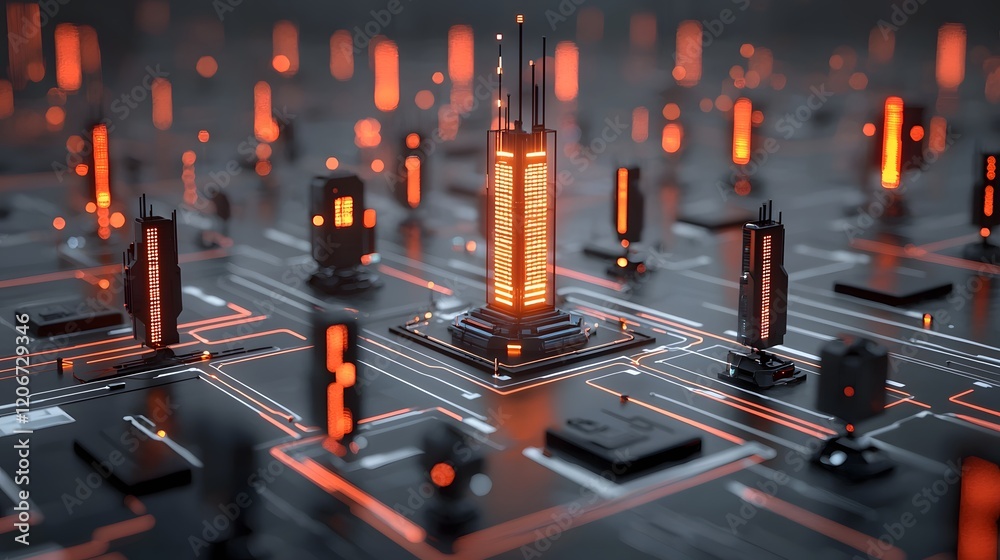 Aufkleber Glowing network of data streams symbolizing advanced communication and technology in a cyberpunk style futuristic cityscape  The image depicts a luminous digital landscape with a vibrant