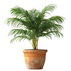 Fototapeta premium Parlor Palm in Terracotta Pot: A vibrant parlor palm, lush with green fronds, thrives in a rustic terracotta pot, bringing a touch of tropical elegance to any indoor space. 