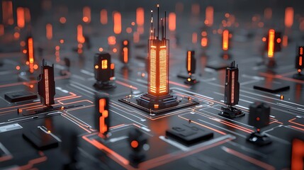 Glowing network of data streams symbolizing advanced communication and technology in a cyberpunk style futuristic cityscape  The image depicts a luminous digital landscape with a vibrant