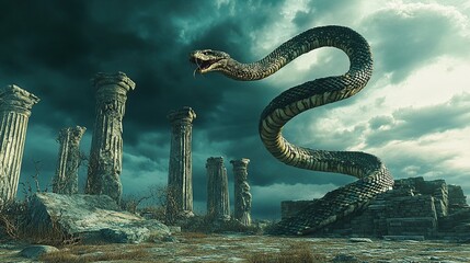 Giant serpent coiled amidst ancient ruins during a stormy day.