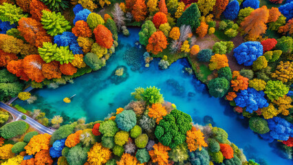Fototapeta premium Vibrant autumn colors reflect in serene lake surrounded by trees