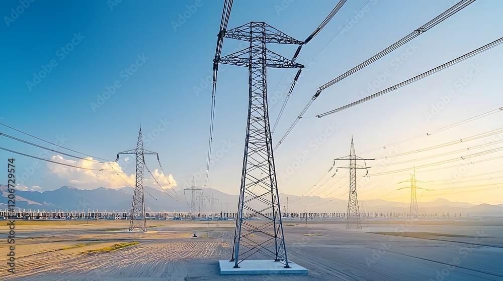 Poster High tech smart grid infrastructure with centralized control system distributing renewable energy sources like solar and wind power to cities and industries