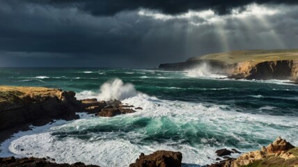 Fototapeta premium Dramatic Coastal Scene with Storm Clouds and Crashing Waves Under Sunlight