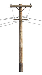 Old Wooden Utility Pole with Power Lines, Vintage Wooden Electric Pole, isolated on transparent background, cutout png