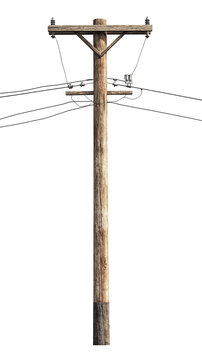 Old Wooden Utility Pole with Power Lines, Vintage Wooden Electric Pole, isolated on transparent background, cutout png