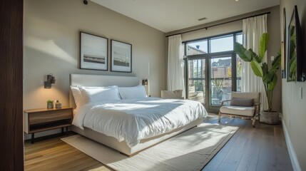 Fototapeta premium Sunlit Modern Bedroom Interior Design King Bed Hardwood Floors and Large Windows