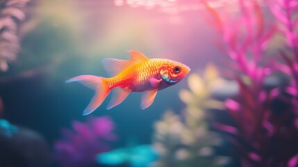 Obraz premium Vibrant goldfish swimming among colorful plants.