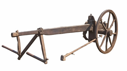 Rustic wooden farm cart, isolated on white background, historical agriculture tool