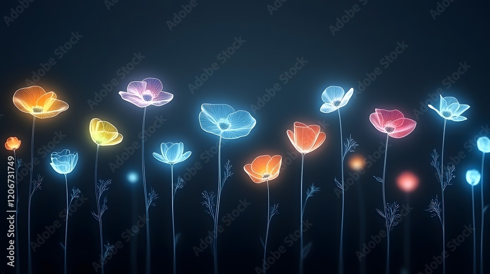 Aufkleber mesmerizing luminous floral patterns with soft glowing hues in vibrant colors against a dark black b