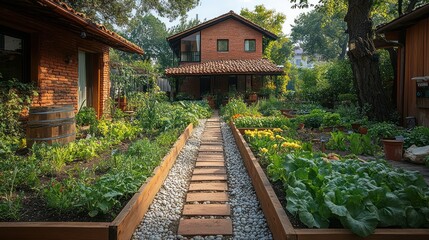 Serene Brick House Garden Oasis: A Tranquil Vegetable Garden Path