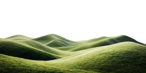 Lush green hills with grass growing, isolated on white background.