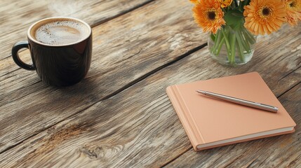 Fototapeta premium Rustic Wooden Tabletop Still Life Coffee Notebook Pen and Flowers