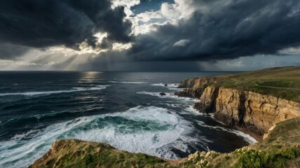 Dramatic coastal landscape with dark clouds and sun rays piercing through