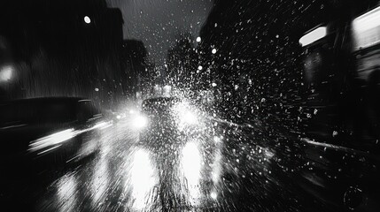 Rainy Night Drive: A Monochromatic Cityscape
