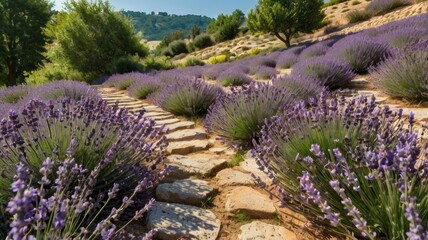 Fototapeta premium Lavender field with a stone path leading into the distance on a sunny day