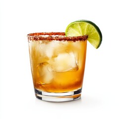 A smoky Mezcal cocktail with chili salt rim and lime wedge, displayed against an isolated white background, chiaroscuro art style