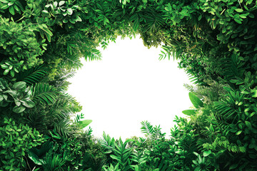 frame of green leaves, fresh green tropical bush plant, copy space for text, transparent background, cutout png