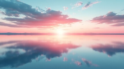 Obraz premium Beautiful sunset reflecting on calm water with pastel colors in the sky.