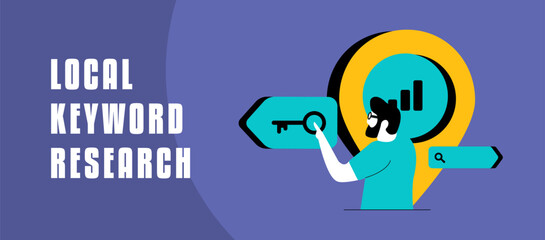 Local SEO banner with keyword research, location pin icons, and targeted strategies. Highlights improving search rankings, enhancing local visibility, and optimizing online presence