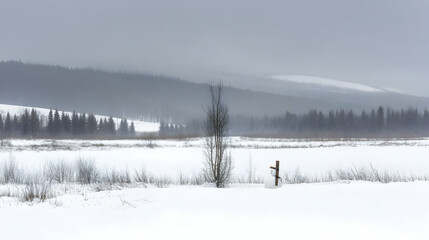 Snowy field, lone tree, foggy mountains, winter landscape, serene nature scene