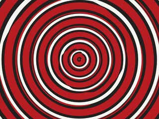 Abstract concentric circles in red, black, and white create a bold, hypnotic background.