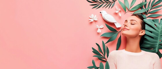 Serene woman surrounded by lush green leaves and white flowers on a soft pink background, symbolizing peace, nature, and tranquility.