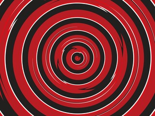 Abstract hypnotic swirling red and black concentric circles background.