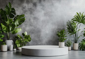 White pedestal display surrounded by lush green plants against a textured gray wall.