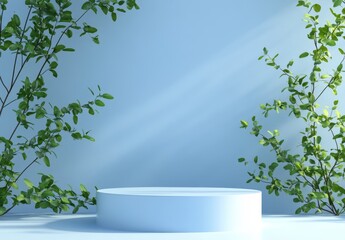 Light blue cylindrical podium with green plants and sunlight.
