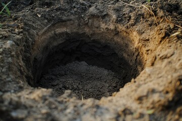 Hole dug in dark soil, ready for planting.