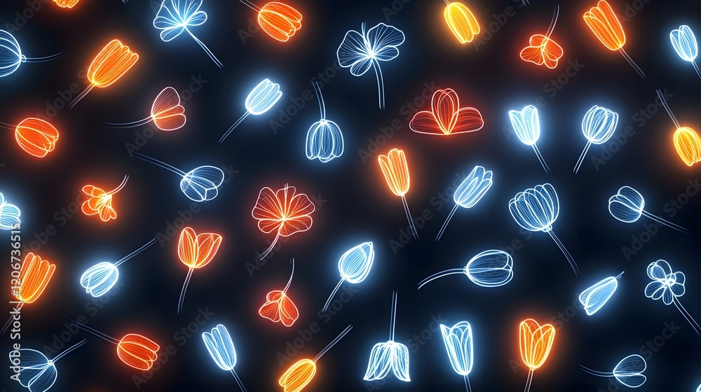 Poster Stunning luminous floral patterns with soft glowing hues on a dark black background creating a modern digital and design style  The overlapping and overlaying of the vibrant