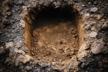 Square hole dug in dark brown soil.