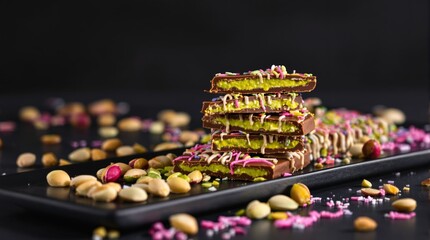 Chocolate bars with yellow filling, colorful sprinkles, scattered nuts on a dark background. Concept of gourmet desserts and indulgent treats. Ai generative