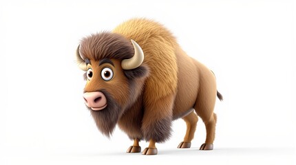 A charming cartoon-style bison with expressive eyes and detailed fur, standing on a white background. Concept of wildlife, nature, and animals. Ai generative