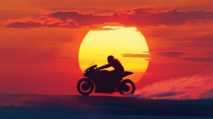 A motorcyclist rides against a vibrant sunset backdrop, creating a dramatic silhouette.
