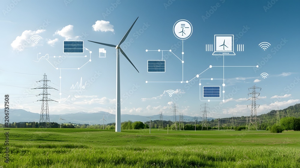 Aufkleber Visualization of a smart grid system that efficiently integrates wind and solar energy with power distribution to both urban and rural consumers promoting sustainability and the use of clean