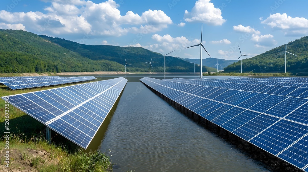 Aufkleber Visualization of an efficient and sustainable renewable energy grid seamlessly connecting solar wind and hydropower sources to residential industrial and commercial users