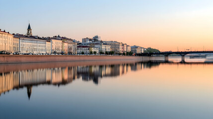Fototapeta premium Sunrise cityscape reflection, river, bridge, buildings, calm water, urban morning