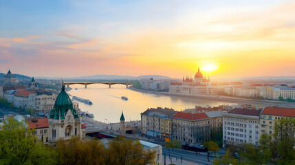 Obraz premium Sunrise over Danube River, Budapest Parliament, cityscape. Travel brochure, website banner
