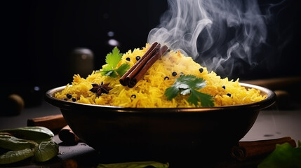 Close-Up of Pilau Rice with Aromatic Spices in Brass Bowl