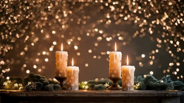 Advent Christmas Banner Featuring Four Burning Candles with Festive Booker Lights, Creating a Cory and Peaceful Atmosphere - Slow Motion Video on a Background