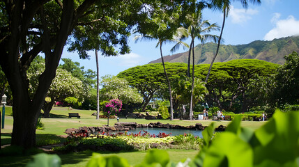 Tropical garden pond, lush greenery, mountain backdrop, sunny day, vacation resort