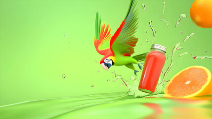 Tropical Parrot Flying Towards Orange Juice Splash; Green Background; Refreshing Drink Advertisement