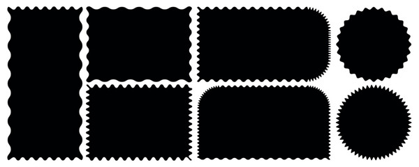 Zigzag edges circle shapes set. Geometric shapes with scallop and zigzag edges set. jagged rectangular shape box element set with zigzag edges on white background. 