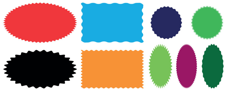 Color rectangle frames with wiggly zig zag. Geometric zig zag wavy labels, curved badges, serrated stickers. jagged rectangular shape box element set with zigzag edges on white background.