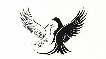 Fototapeta premium Two doves, black and white, wings spread, peace symbol, design element, for peace concept illustrations